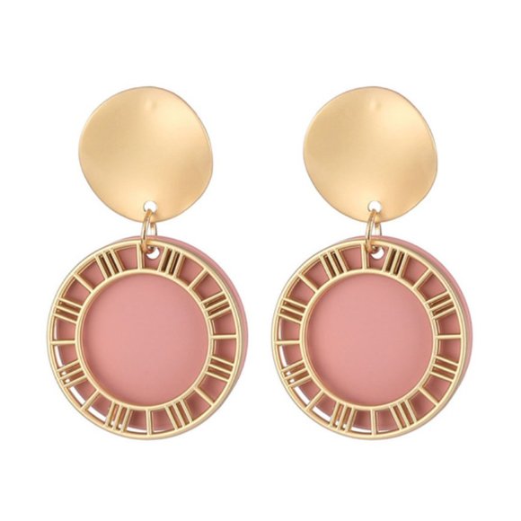 Jewelry - Pink Acrylic Roman Numeral Circle Drop Earrings